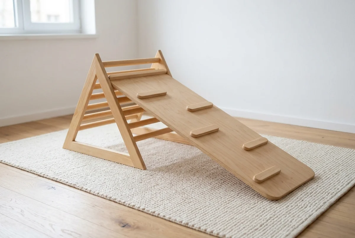 Rampa reversible apoyada en un triángulo de madera, sobre una alfombra en una habitación