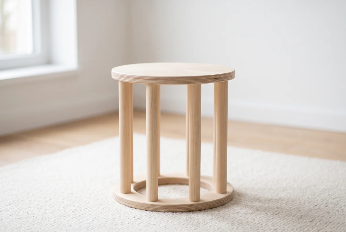 Asiento redondo de madera sobre una alfombra, en una habitación luminosa