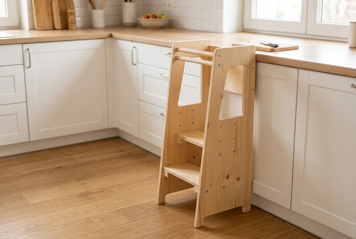 Torre de aprendizaje de madera en una cocina luminosa
