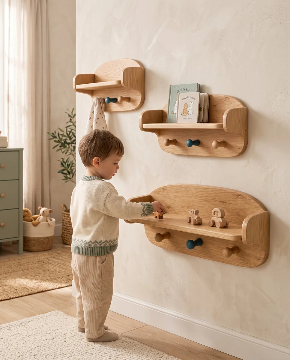 Un peque ordenando objetos en repisas de pared con perchas, en una habitación