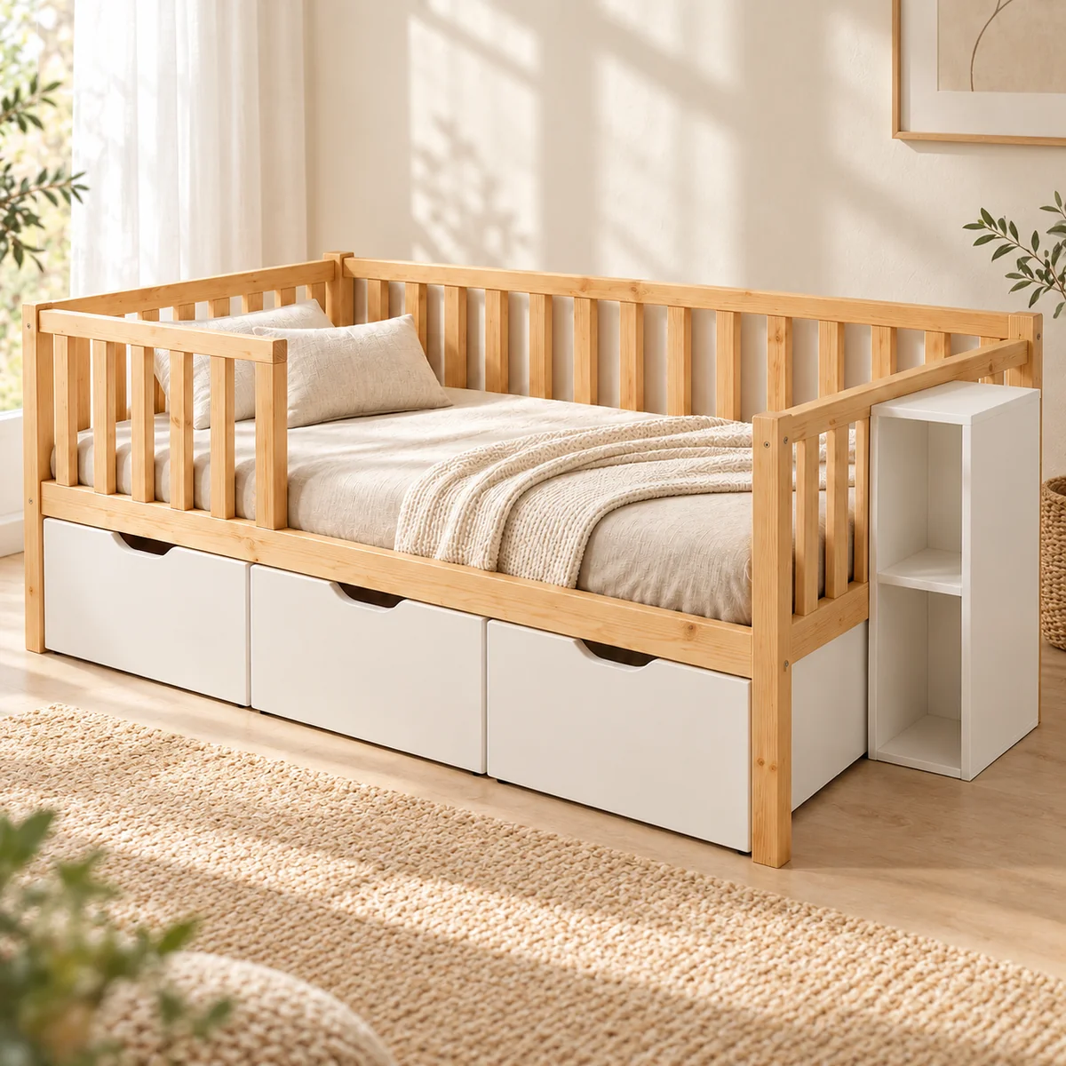 Cama infantil de madera con cajones blancos bajo la cama, en un dormitorio luminoso