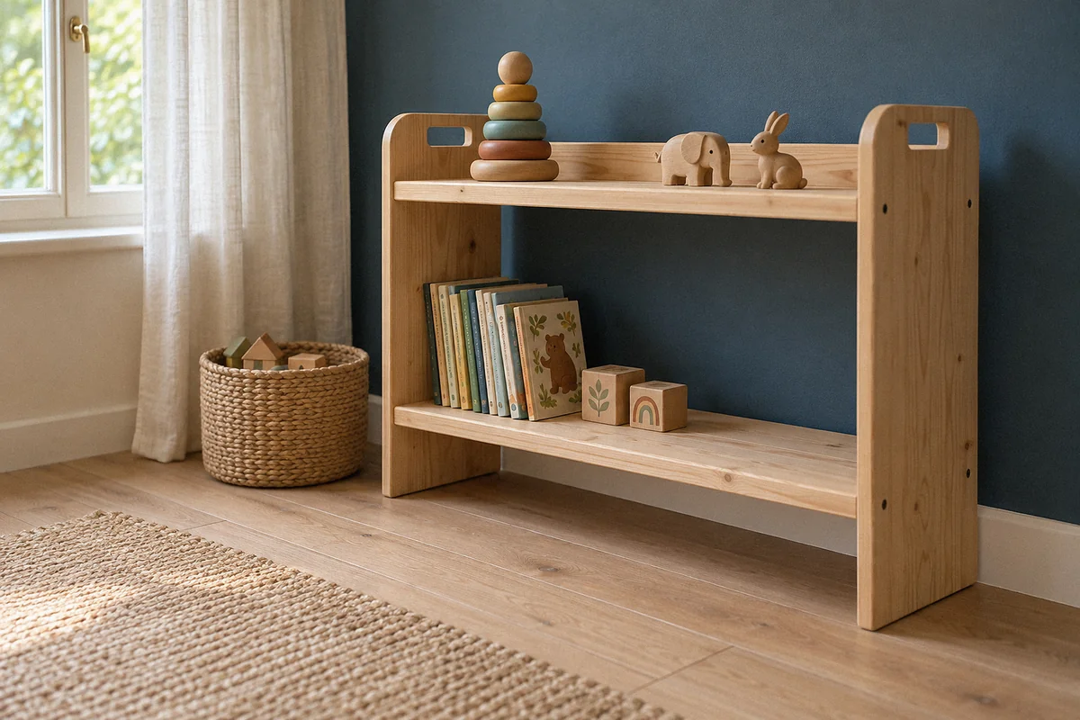 Juguetero abierto de madera con juguetes y libros, en una habitación de pared azul