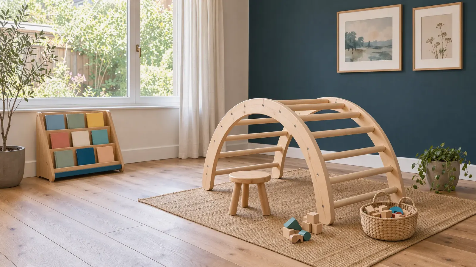 Rincón de juego infantil con arco Pikler de madera, librero bajo y pared azul petróleo